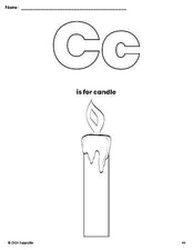 Free printable candle Christmas coloring page, letter c coloring page for preschool, pre-k, and kindergarten