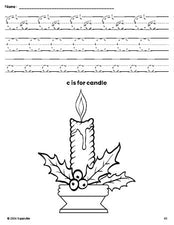 Free printable candle Christmas coloring page, letter c tracing worksheet for preschool, pre-k, and kindergarten