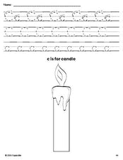 Free printable candle Christmas coloring page, letter c tracing worksheet for preschool, pre-k, and kindergarten