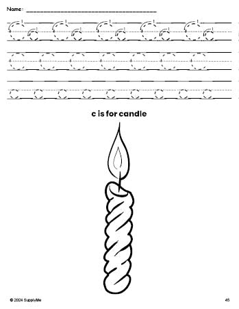 Free printable candle Christmas coloring page, letter c tracing worksheet for preschool, pre-k, and kindergarten