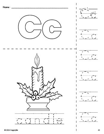 Free printable candle Christmas coloring page and letter tracing worksheet, letter c worksheet for preschool, pre-k, and kindergarten