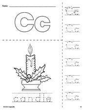 Free printable candle Christmas coloring page and letter tracing worksheet, letter c worksheet for preschool, pre-k, and kindergarten