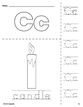 Free printable candle Christmas coloring page and letter tracing worksheet, letter c worksheet for preschool, pre-k, and kindergarten