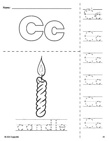 Free printable candle Christmas coloring page and letter tracing worksheet, letter c worksheet for preschool, pre-k, and kindergarten