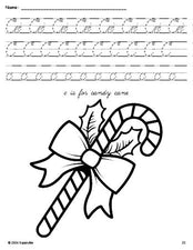 Free printable candy cane Christmas coloring page, cursive letter tracing worksheet, letter c worksheet for preschool, pre-k, and kindergarten