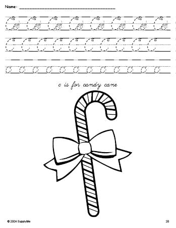 Free printable candy cane Christmas coloring page, cursive letter tracing worksheet, letter c worksheet for preschool, pre-k, and kindergarten