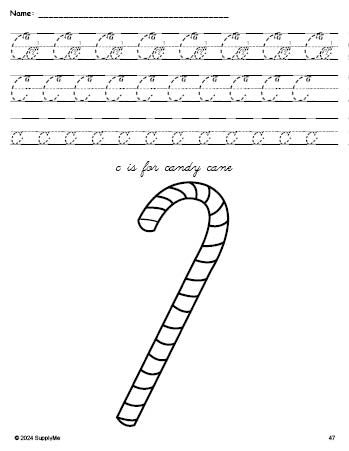 Free printable candy cane Christmas coloring page, cursive letter tracing worksheet, letter c worksheet for preschool, pre-k, and kindergarten