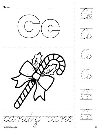 Free printable candy cane Christmas coloring page and cursive letter tracing worksheet, letter c worksheet for preschool, pre-k, and kindergarten