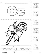 Free printable candy cane Christmas coloring page and cursive letter tracing worksheet, letter c worksheet for preschool, pre-k, and kindergarten