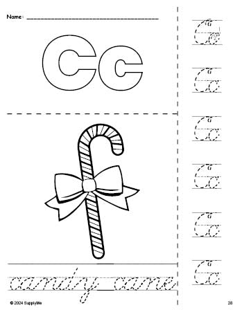 Free printable candy cane Christmas coloring page and cursive letter tracing worksheet, letter c worksheet for preschool, pre-k, and kindergarten