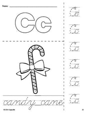 Free printable candy cane Christmas coloring page and cursive letter tracing worksheet, letter c worksheet for preschool, pre-k, and kindergarten