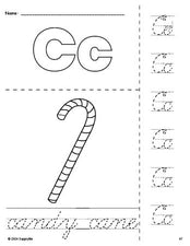 Free printable candy cane Christmas coloring page and cursive letter tracing worksheet, letter c worksheet for preschool, pre-k, and kindergarten