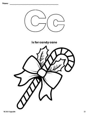 Free printable candy cane Christmas coloring page, letter c coloring page for preschool, pre-k, and kindergarten