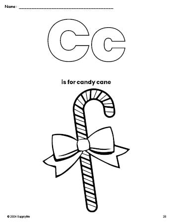 Free printable candy cane Christmas coloring page, letter c coloring page for preschool, pre-k, and kindergarten