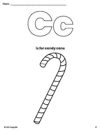 Free printable candy cane Christmas coloring page, letter c coloring page for preschool, pre-k, and kindergarten