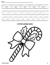 Free printable candy cane Christmas coloring page, letter c tracing worksheet for preschool, pre-k, and kindergarten