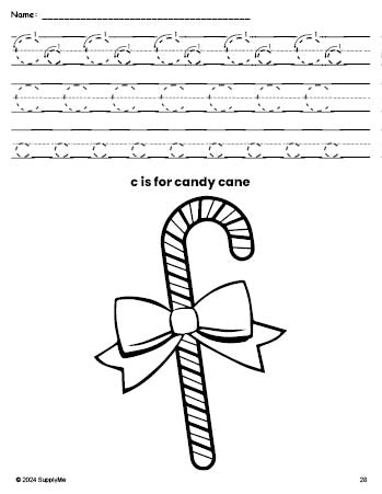 Free printable candy cane Christmas coloring page, letter c tracing worksheet for preschool, pre-k, and kindergarten