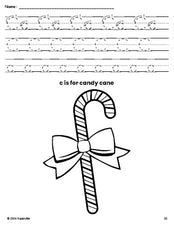 Free printable candy cane Christmas coloring page, letter c tracing worksheet for preschool, pre-k, and kindergarten