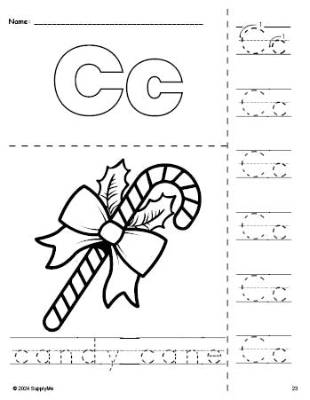 Free printable candy cane Christmas coloring page and letter tracing worksheet, letter c worksheet for preschool, pre-k, and kindergarten