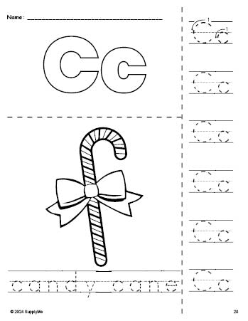 Free printable candy cane Christmas coloring page and letter tracing worksheet, letter c worksheet for preschool, pre-k, and kindergarten