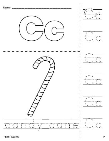 Free printable candy cane Christmas coloring page and letter tracing worksheet, letter c worksheet for preschool, pre-k, and kindergarten