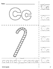 Free printable candy cane Christmas coloring page and letter tracing worksheet, letter c worksheet for preschool, pre-k, and kindergarten