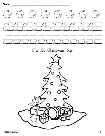 Free printable Christmas tree Christmas coloring page, cursive letter tracing worksheet, letter c worksheet for preschool, pre-k, and kindergarten