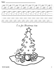 Free printable Christmas tree Christmas coloring page, cursive letter tracing worksheet, letter c worksheet for preschool, pre-k, and kindergarten