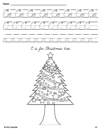 Free printable Christmas tree Christmas coloring page, cursive letter tracing worksheet, letter c worksheet for preschool, pre-k, and kindergarten