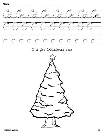 Free printable Christmas tree Christmas coloring page, cursive letter tracing worksheet, letter c worksheet for preschool, pre-k, and kindergarten