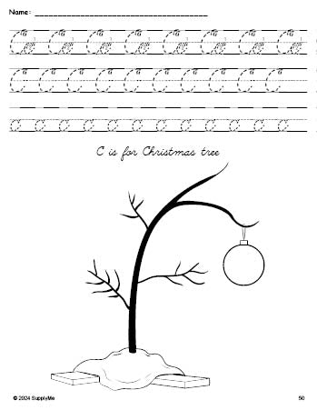 Free printable Christmas tree Christmas coloring page, cursive letter tracing worksheet, letter c worksheet for preschool, pre-k, and kindergarten