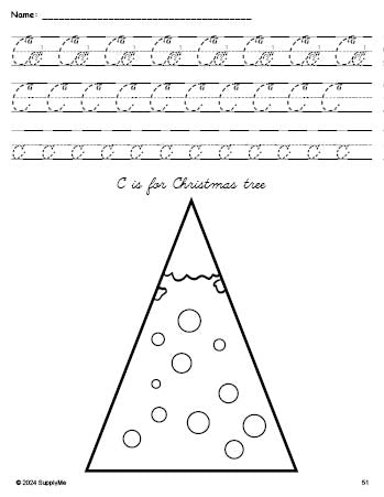 Free printable Christmas tree Christmas coloring page, cursive letter tracing worksheet, letter c worksheet for preschool, pre-k, and kindergarten