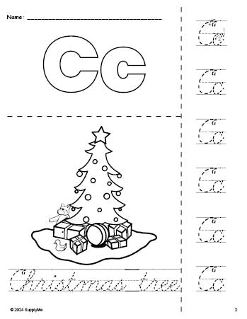 Free printable Christmas tree Christmas coloring page and cursive letter tracing worksheet, letter c worksheet for preschool, pre-k, and kindergarten