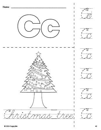 Free printable Christmas tree Christmas coloring page and cursive letter tracing worksheet, letter c worksheet for preschool, pre-k, and kindergarten