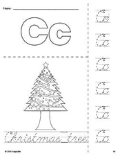 Free printable Christmas tree Christmas coloring page and cursive letter tracing worksheet, letter c worksheet for preschool, pre-k, and kindergarten