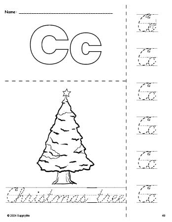 Free printable Christmas tree Christmas coloring page and cursive letter tracing worksheet, letter c worksheet for preschool, pre-k, and kindergarten