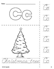 Free printable Christmas tree Christmas coloring page and cursive letter tracing worksheet, letter c worksheet for preschool, pre-k, and kindergarten