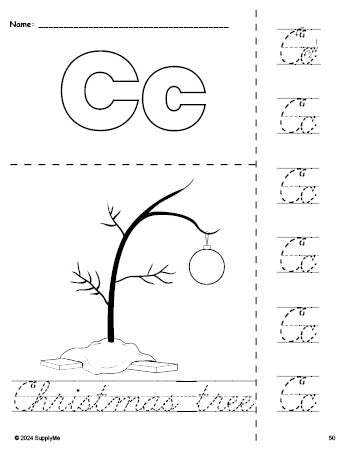 Free printable Christmas tree Christmas coloring page and cursive letter tracing worksheet, letter c worksheet for preschool, pre-k, and kindergarten