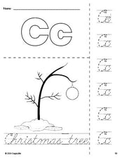 Free printable Christmas tree Christmas coloring page and cursive letter tracing worksheet, letter c worksheet for preschool, pre-k, and kindergarten