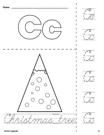 Free printable Christmas tree Christmas coloring page and cursive letter tracing worksheet, letter c worksheet for preschool, pre-k, and kindergarten