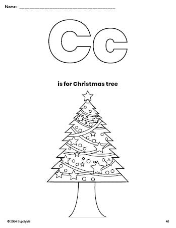 Free printable Christmas tree Christmas coloring page, letter c coloring page for preschool, pre-k, and kindergarten