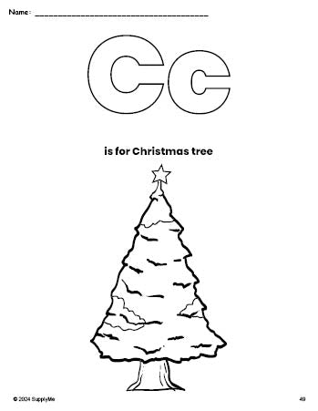 Free printable Christmas tree Christmas coloring page, letter c coloring page for preschool, pre-k, and kindergarten