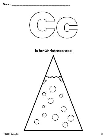 Free printable Christmas tree Christmas coloring page, letter c coloring page for preschool, pre-k, and kindergarten