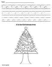 Free printable Christmas tree Christmas coloring page, letter c tracing worksheet for preschool, pre-k, and kindergarten