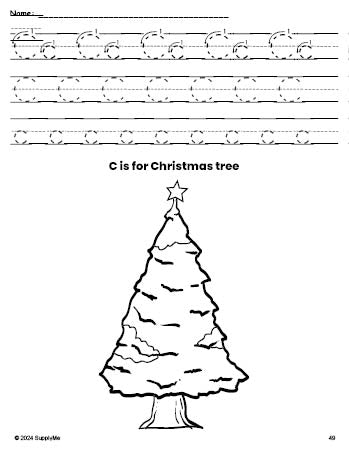 Free printable Christmas tree Christmas coloring page, letter c tracing worksheet for preschool, pre-k, and kindergarten