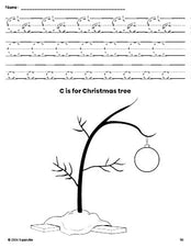 Free printable Christmas tree Christmas coloring page, letter c tracing worksheet for preschool, pre-k, and kindergarten