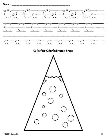 Free printable Christmas tree Christmas coloring page, letter c tracing worksheet for preschool, pre-k, and kindergarten