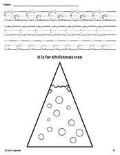 Free printable Christmas tree Christmas coloring page, letter c tracing worksheet for preschool, pre-k, and kindergarten