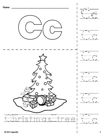 Free printable Christmas tree Christmas coloring page and letter tracing worksheet, letter c worksheet for preschool, pre-k, and kindergarten