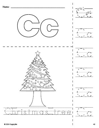 Free printable Christmas tree Christmas coloring page and letter tracing worksheet, letter c worksheet for preschool, pre-k, and kindergarten